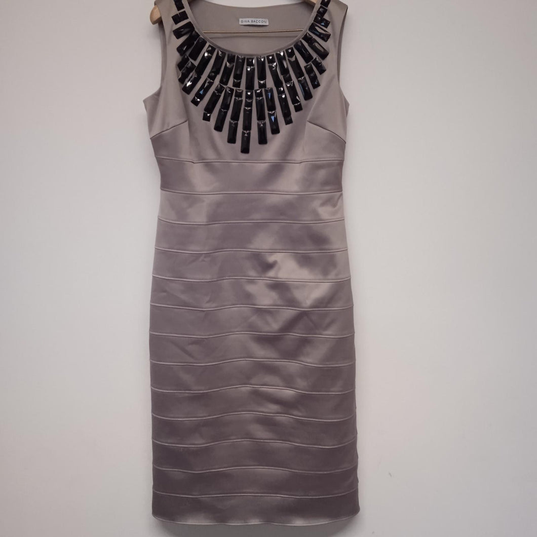 GINA BACCONI Grey Ladies Sleeveless Round Neck Pencil Dress Size UK 12