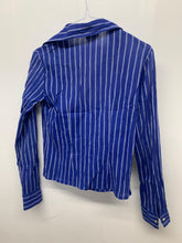 Load image into Gallery viewer, AGNES Ladies Blue  No Label Long Sleeve Collared BlouseStriped Long Collar UK12
