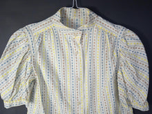 Load image into Gallery viewer, Ladies White Multicoloured Dot Stripe Short Sleeve Button-Up Blouse Top Size L
