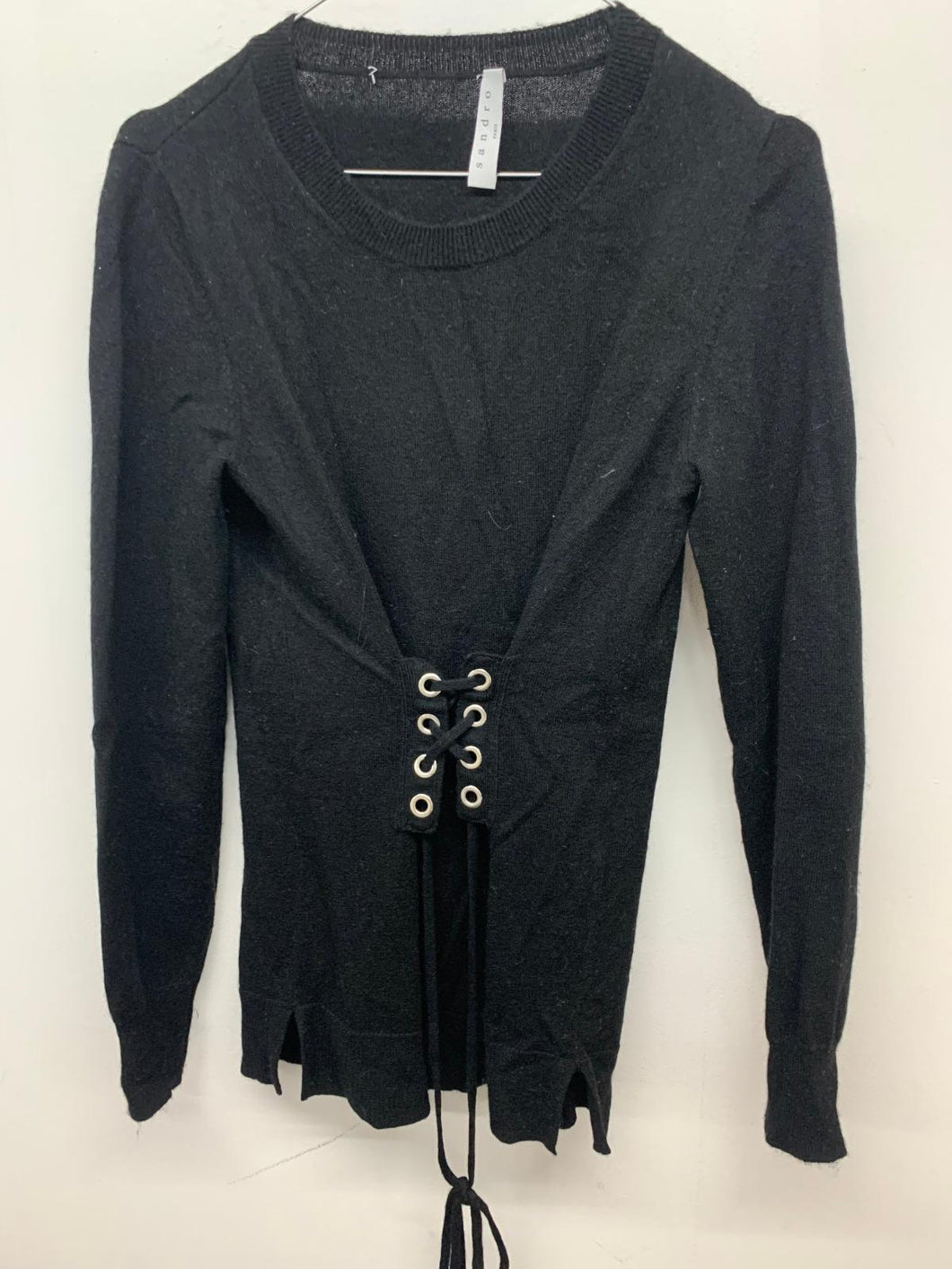 SANDRO Ladies Black Jumper Pullover Eyelet Stringed Corset Sweater UK S