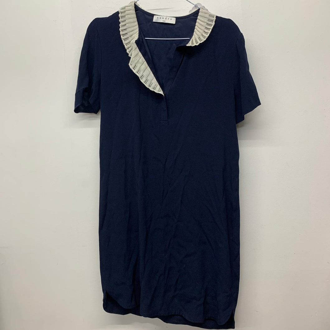 SANDRO Ladies Blue Navy Short Sleeve Mini Dress Knitted Neckline Collar UK8