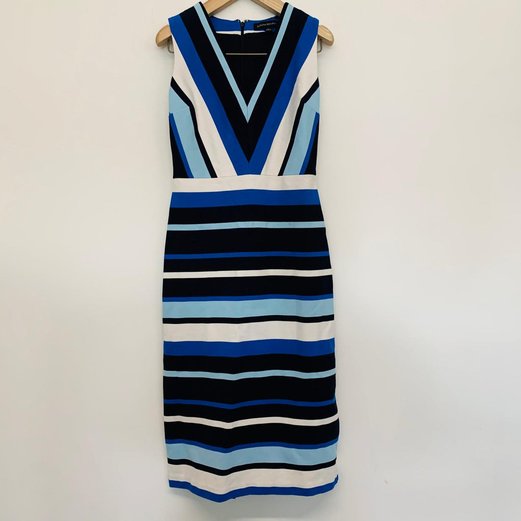 BANANA REPUBLIC Ladies Blue Striped Stretch A-Line Knee Length Dress XS