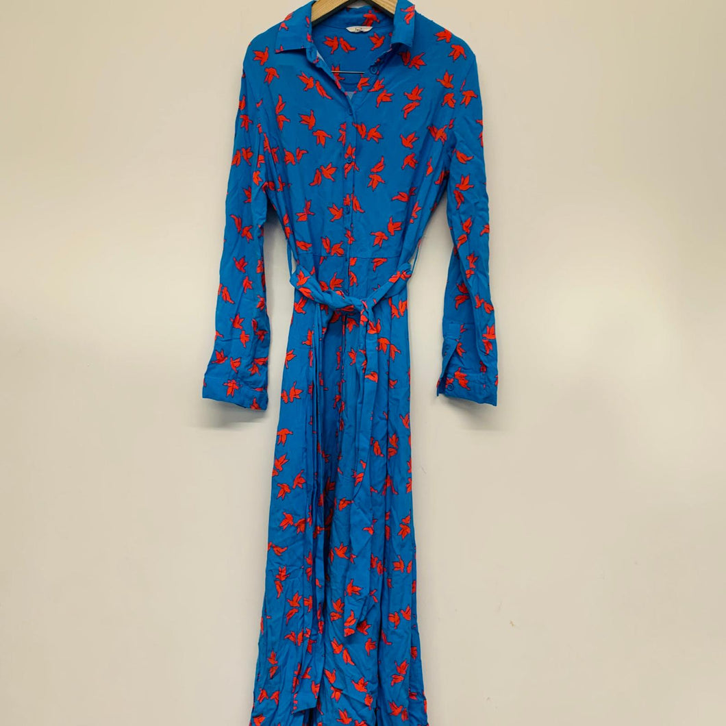 HUSH Ladies Blue Song Bird Orange Midi Length Long Sleeve Dress UK8