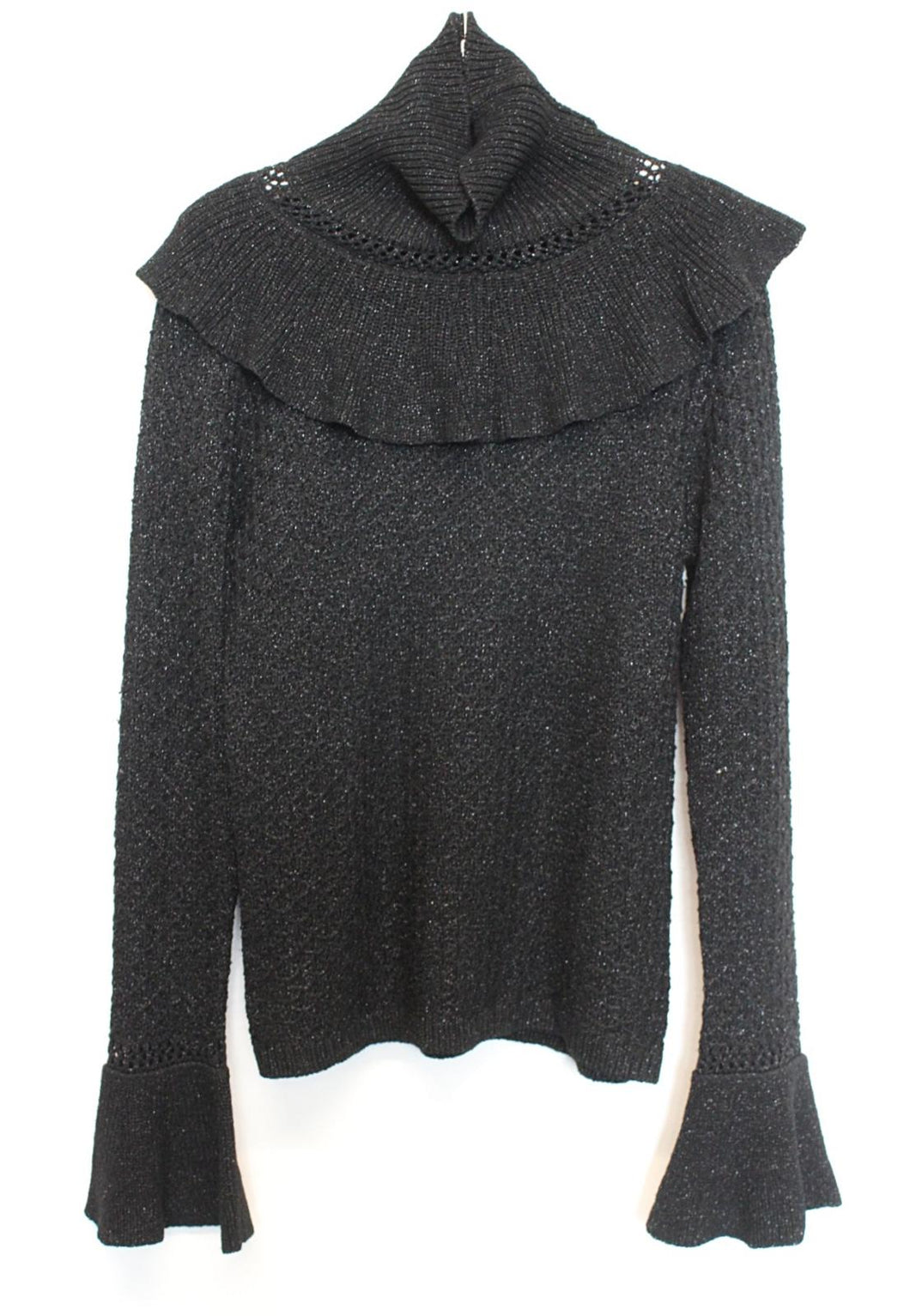 CO Ladies Black Turtle Neck Ruffled Flare Cuffs Pullover Metallic Jumper S