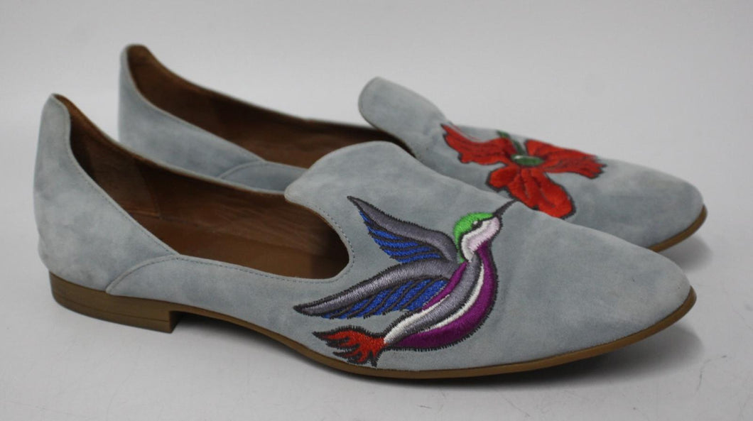 AQUATALIA Ladies Pastel Blue Suede Bird & Flower Embroidered Flat Shoes US9 UK7