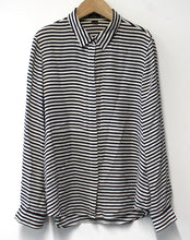Load image into Gallery viewer, THEORY Ladies Black &amp; White Striped Silk Long Sleeve Shirt Blouse Size XL
