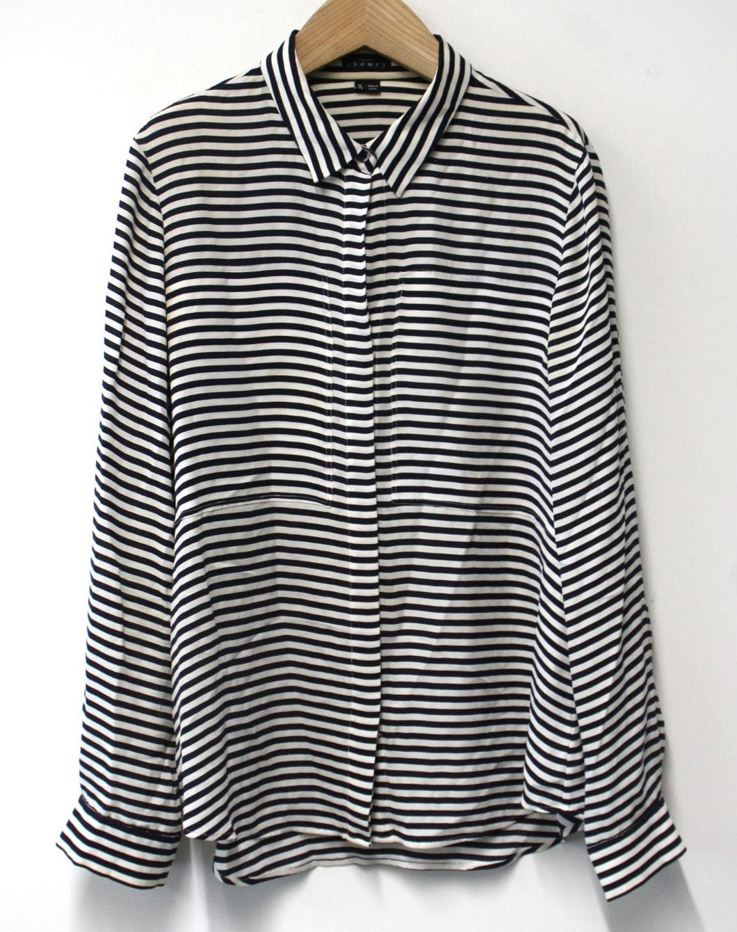 THEORY Ladies Black & White Striped Silk Long Sleeve Shirt Blouse Size XL