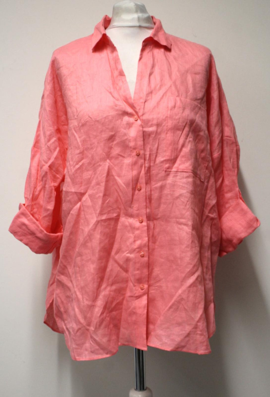 CAROLL Ladies Salmon Pink Linen Button Front Collared Oversized Shirt M NEW