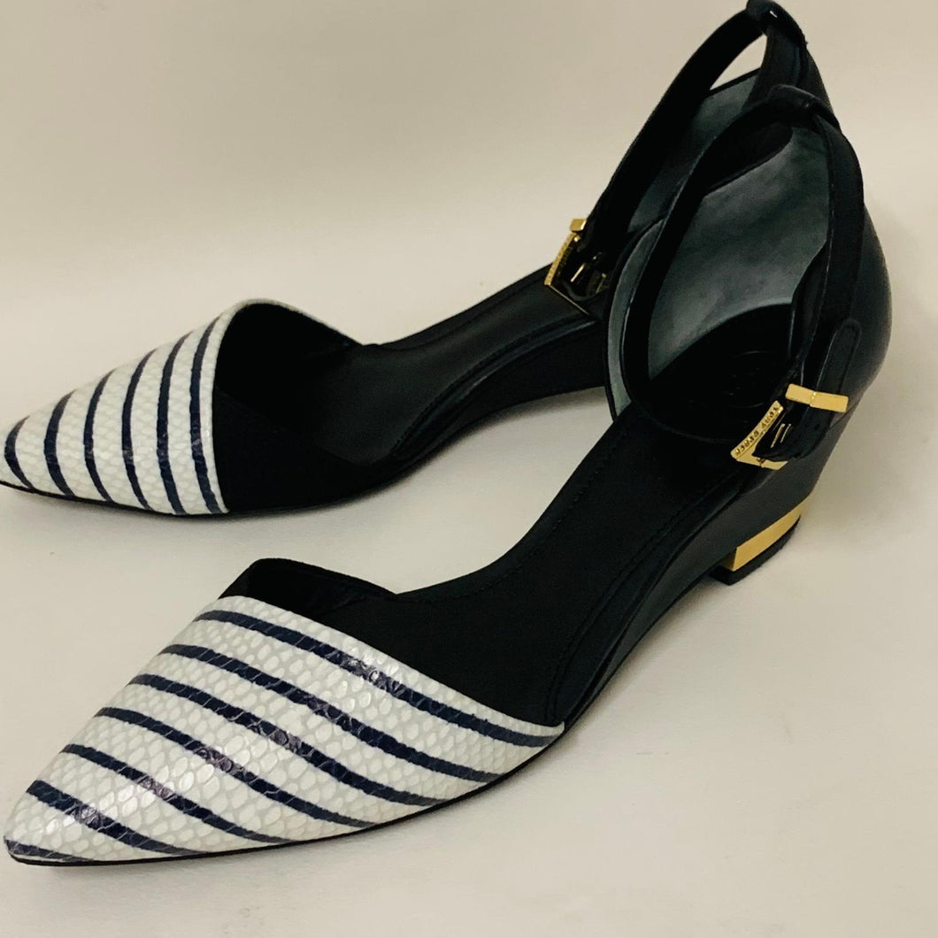 TORY BURCH Ladies White Leather Low Heel D'Orsay Stripe Toe Strappy UK9.5