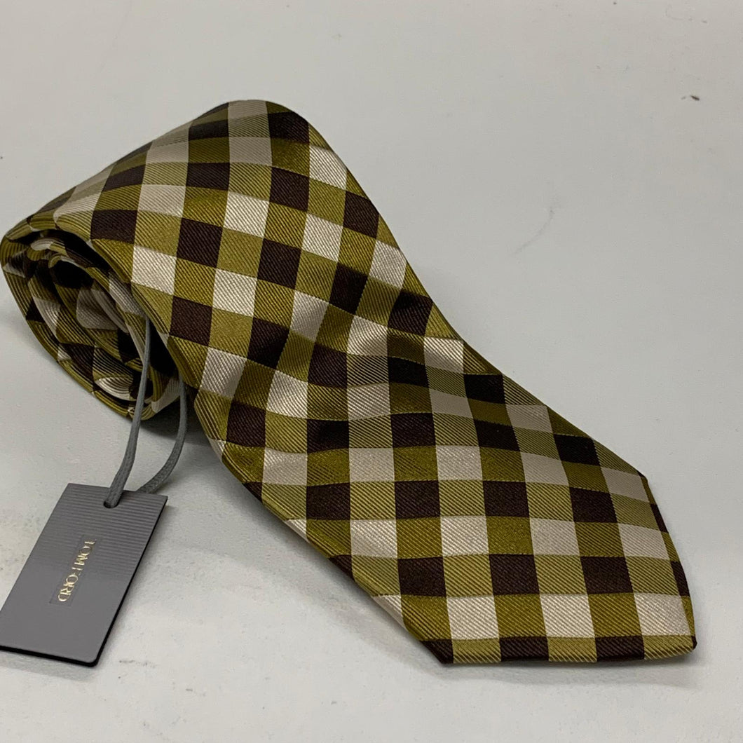 TOM FORD Men's Tie Designer Checkered Classic Wide Beige Mustard Silk Brown NEW