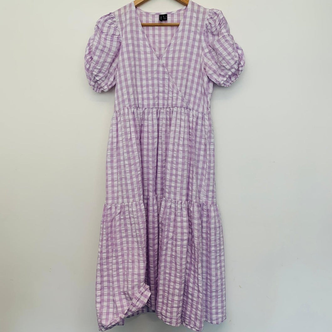 VERO MODA Purple Ladies Short Sleeve Country Check V-neck Dress Size UK S