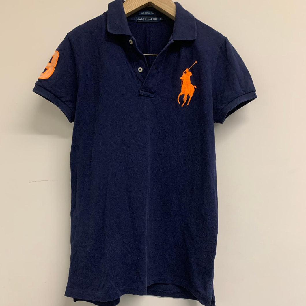RALPH LAUREN Ladies Blue Navy Cotton Polo Shirt Skinny-Polo Orange Size M