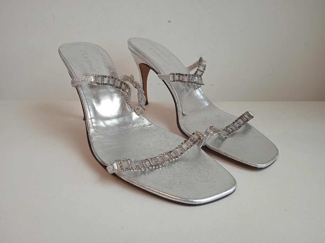 L.K. BENNETT Ladies Silver Leather Square-Toe Stiletto Sandals Size EU41 UK8
