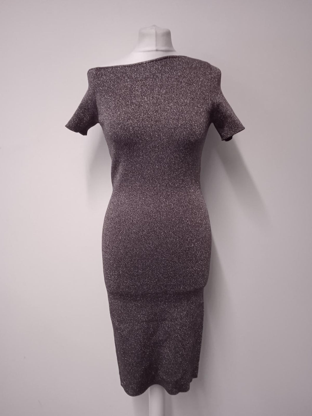 REISS Ladies Silver Metallic Knee-Length Luna Knitted Bodycon Dress Size UK12