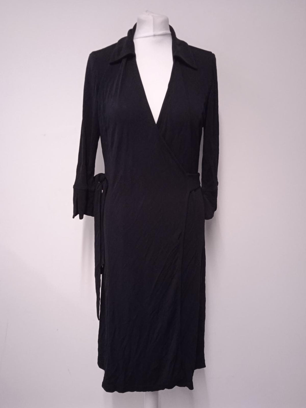 HOBBS Ladies Black Collared Half Sleeve Tie-Waist Midi Wrap Dress Size UK10