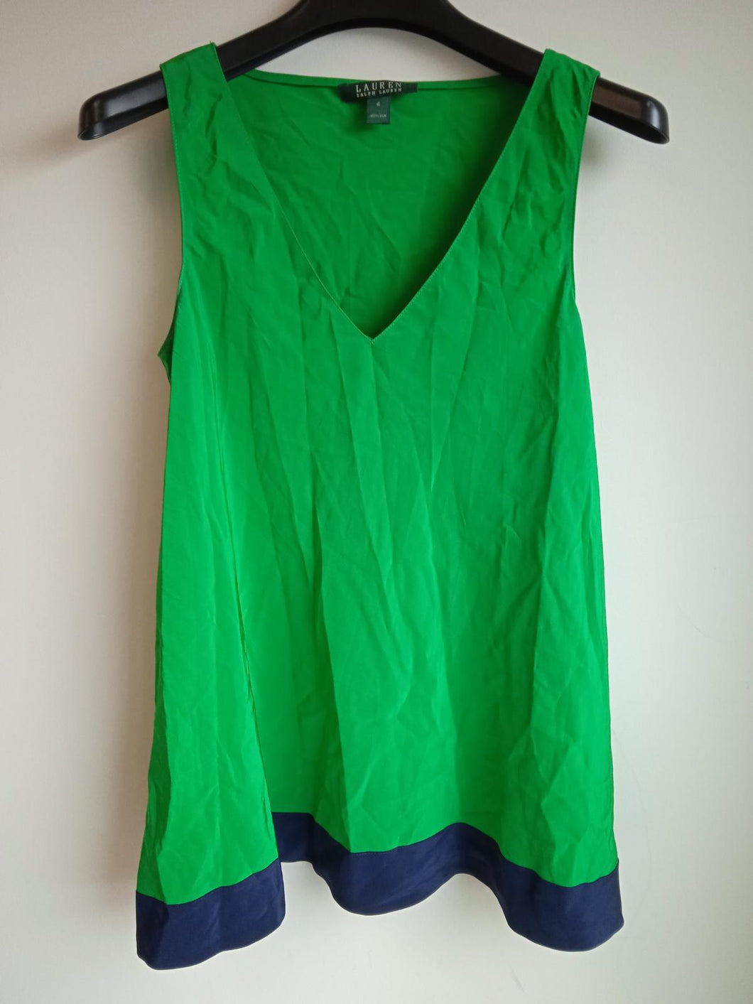 LAUREN RALPH LAUREN Ladies Green Silk Sleeveless V-Neck A-Line Top Size US4 UK8