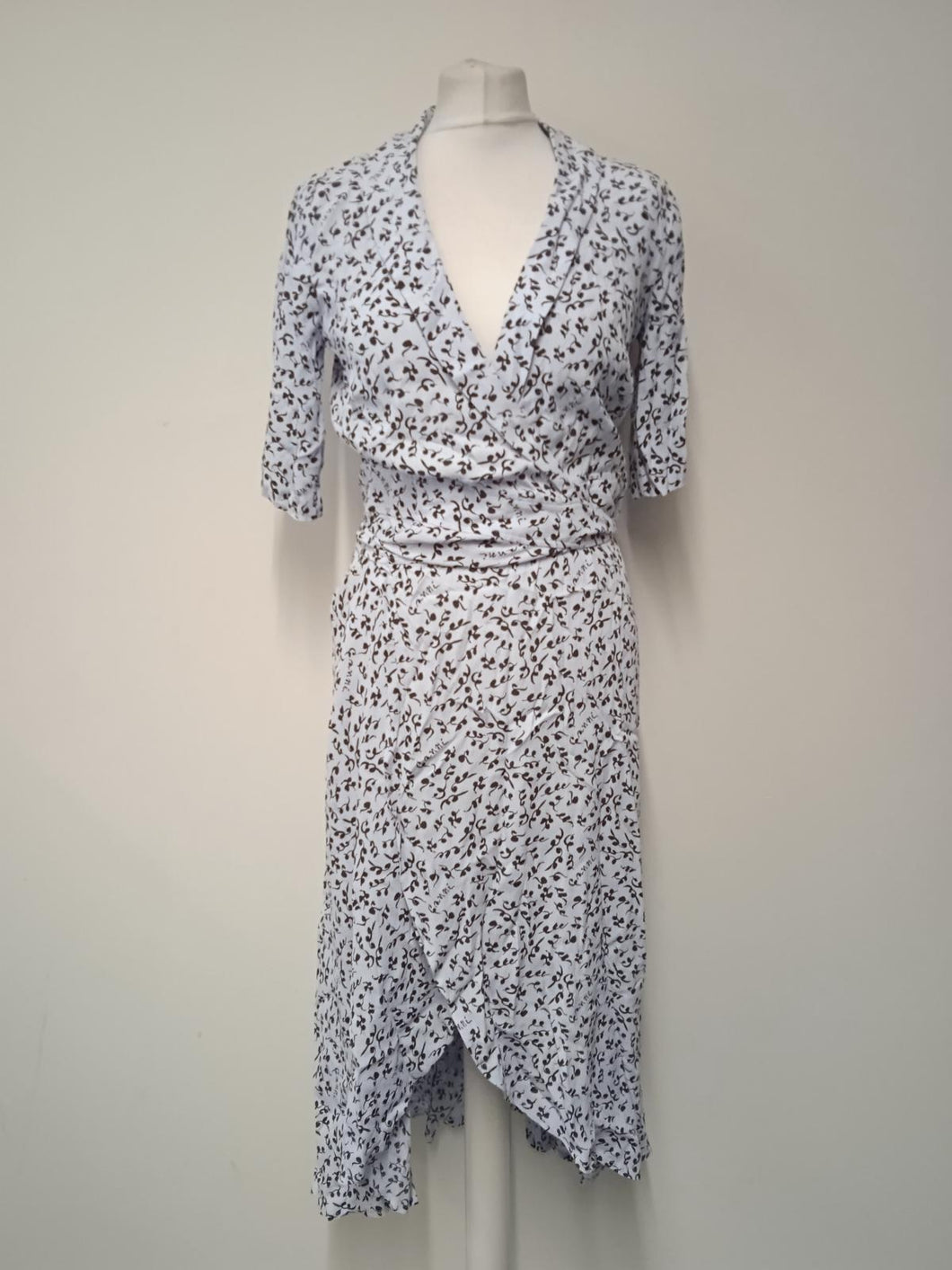 GANNI Ladies Heather Blue Printed Half Sleeve Crepe Wrap Dress EU36 UK8 NEW