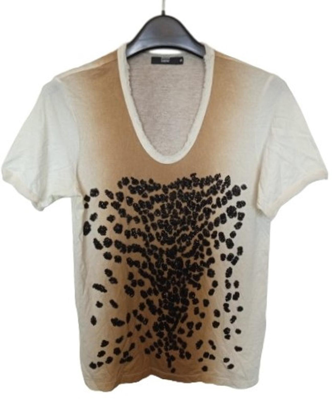 MARKUS LUPFER Ladies White & Brown Cotton Embroidered Frayed T-Shirt Size S