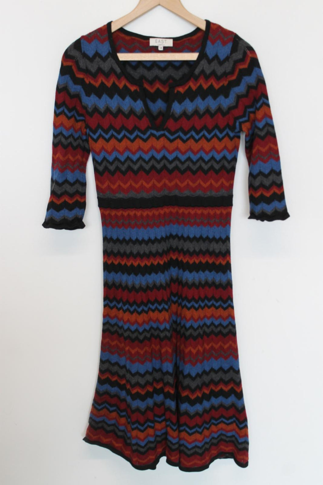 EAST Ladies Multicolour Merino Wool Zig-Zag Half Sleeve Knit Dress EU42 UK14