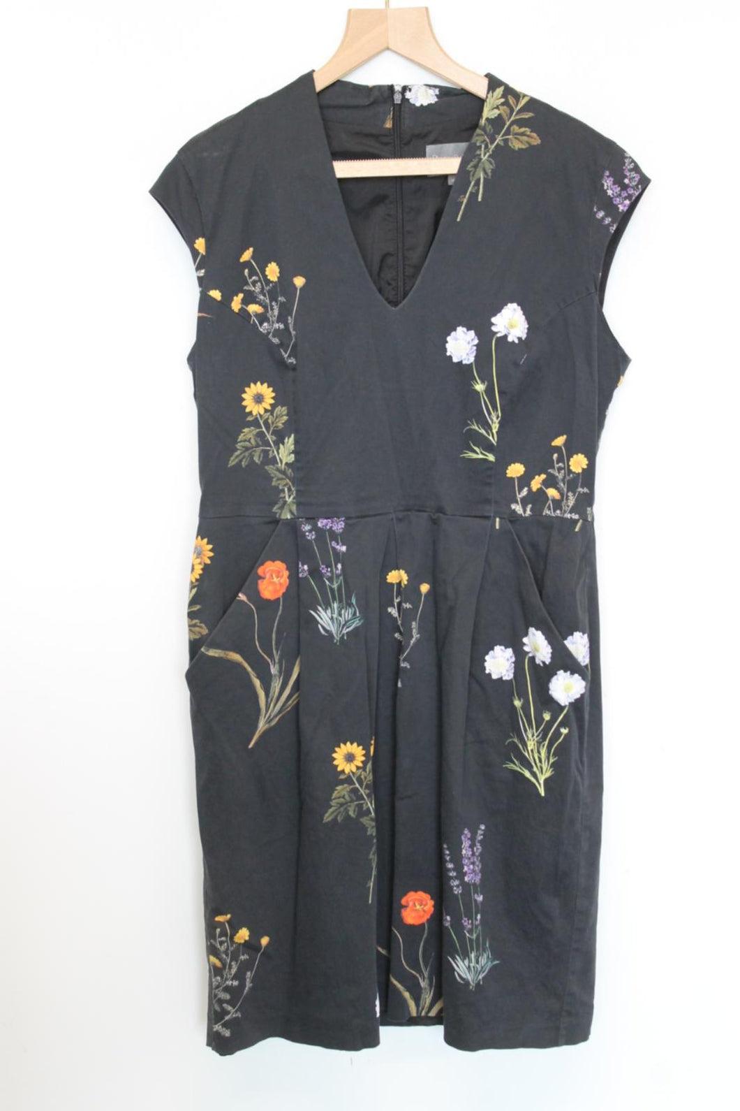 PHASE EIGHT Ladies Black Cotton Floral Cap Sleeve V-Neck Sheath Dress EU44 UK16