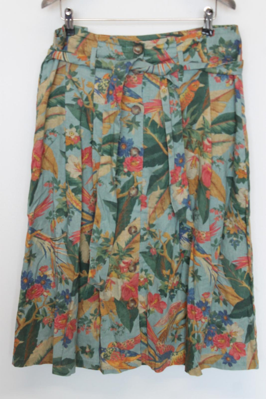 SEZANE Ladies Multicolour Linen Floral/Bird Print Buttoned Midi Skirt EU42 UK14