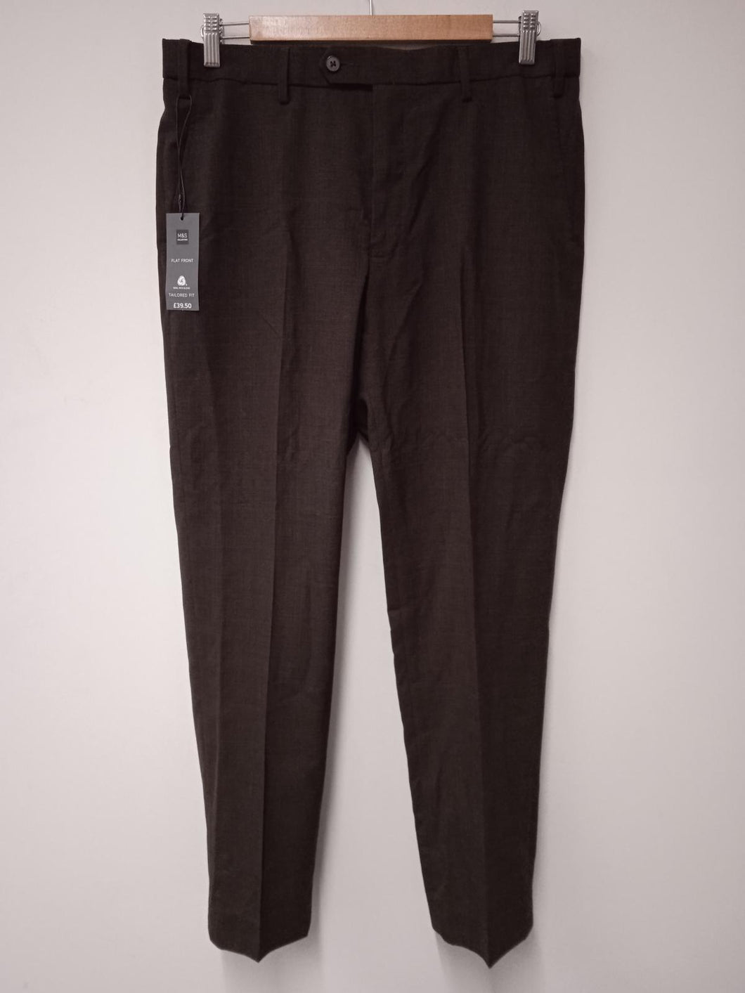 M&S Men's Brown Wool Blend Flat Front Tailored Fit Trousers Size W34 L31 NEW