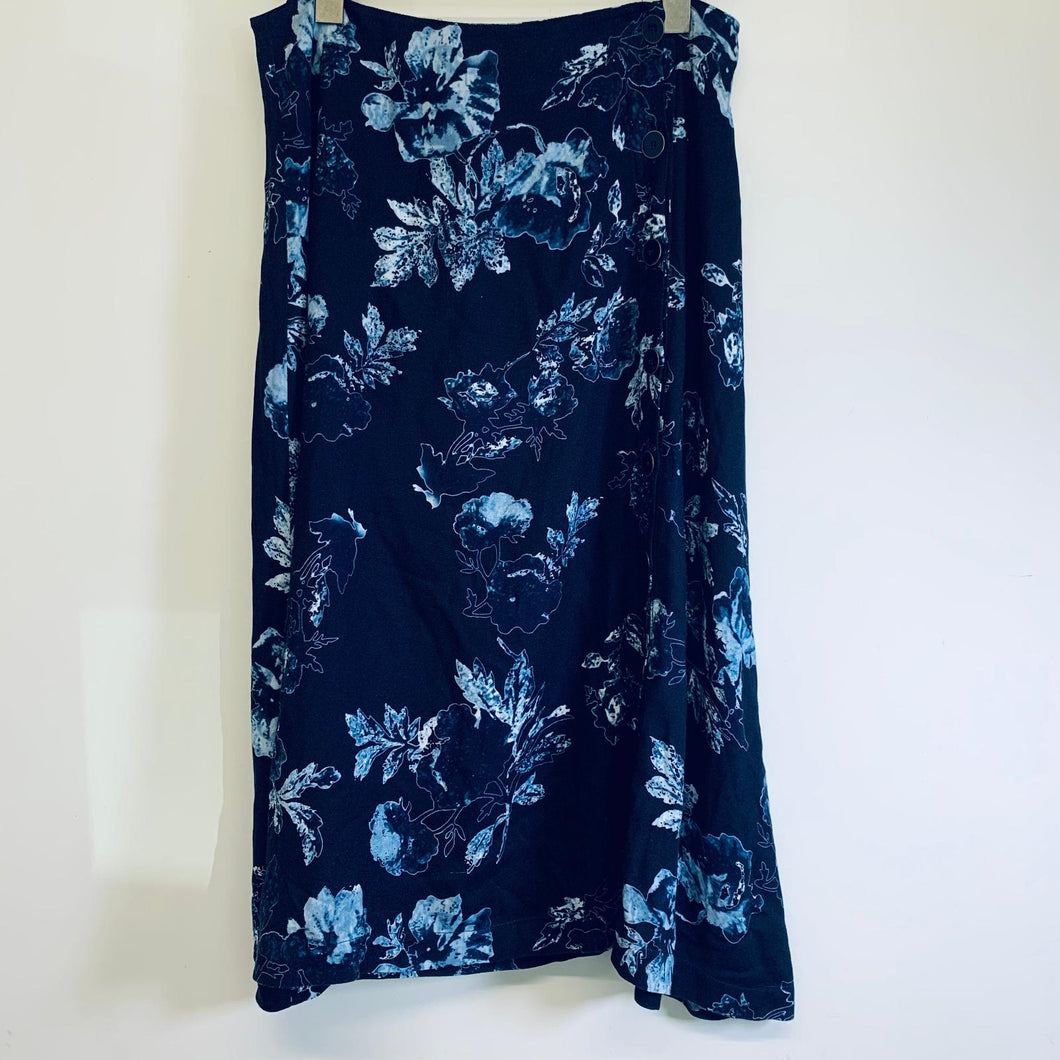 BRORA Blue Ladies Navy Dark Flower Aqua A-Line Skirt Size UK 12