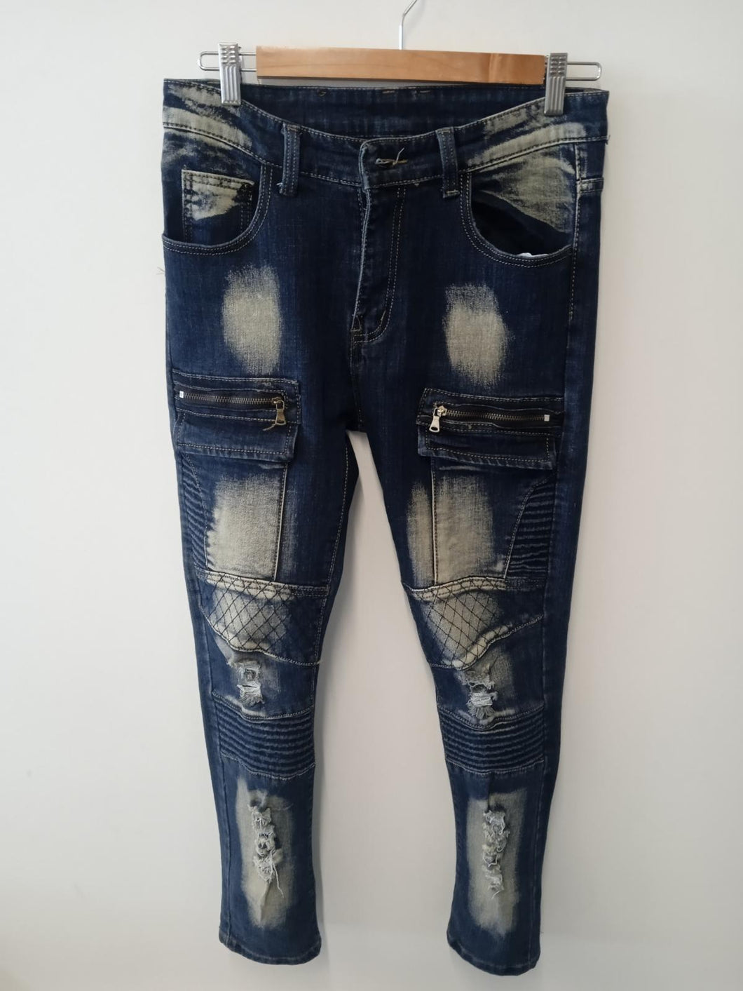 BALMAIN Ladies Blue Cotton Denim Bleached & Zip Detail Jeans Size W30L31