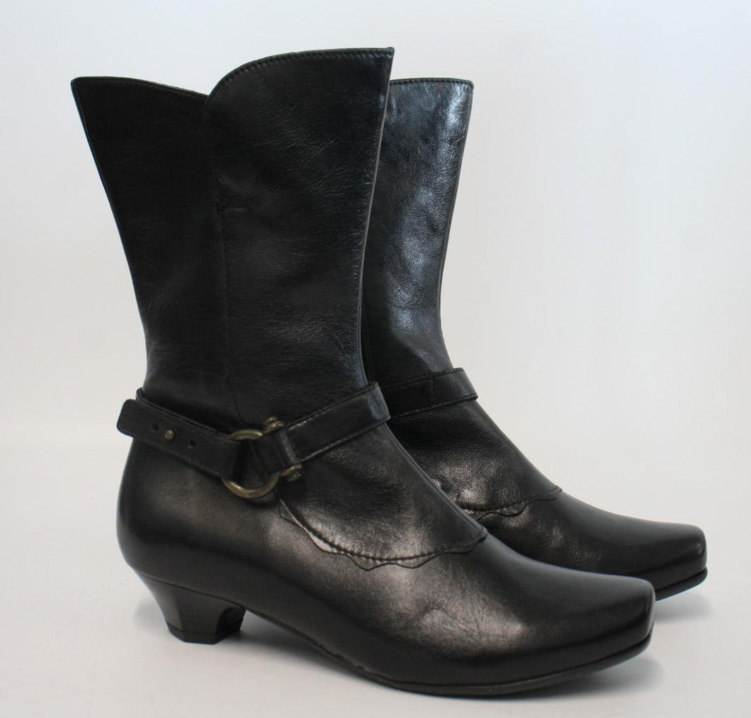 VERHULST Ladies Black Leather Buckle Strap Side Zip Ankle Boots Size UK4