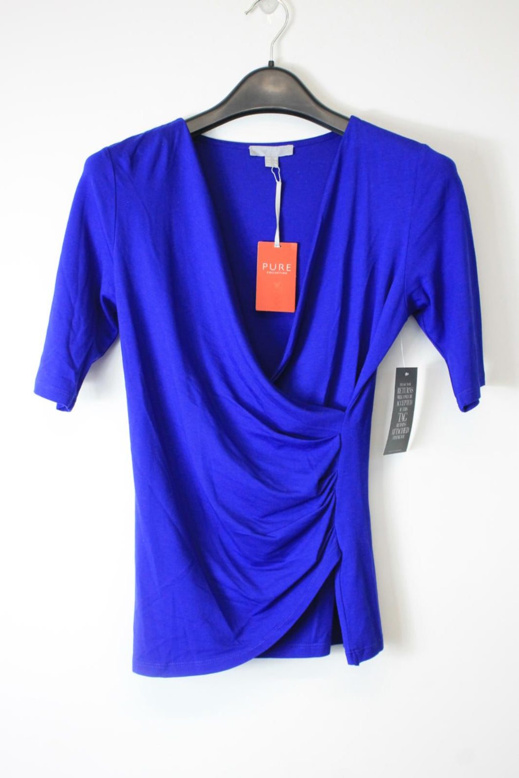PURE Ladies Blue Short Sleeve Curved Hem Wrap Top EU36 UK10 BNWT