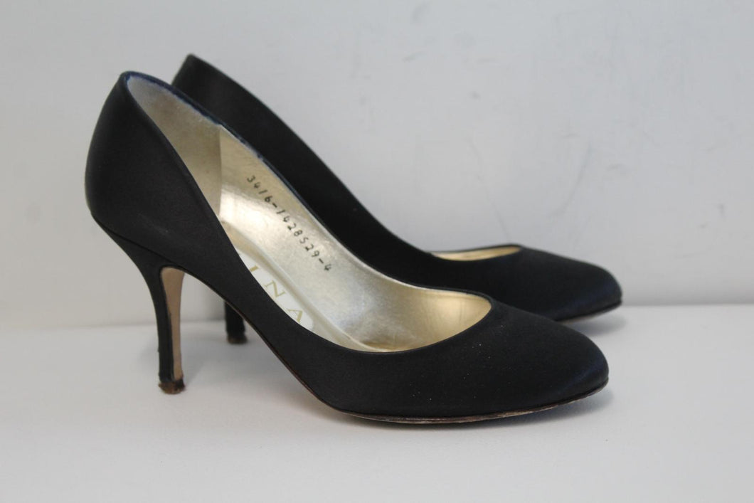 GINA Ladies Black & Gold Satin Round Toe Mid-Heel Court Shoes Size UK4