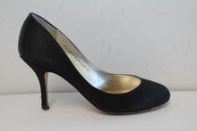 Load image into Gallery viewer, GINA Ladies Black &amp; Gold Satin Round Toe Mid-Heel Court Shoes Size UK4
