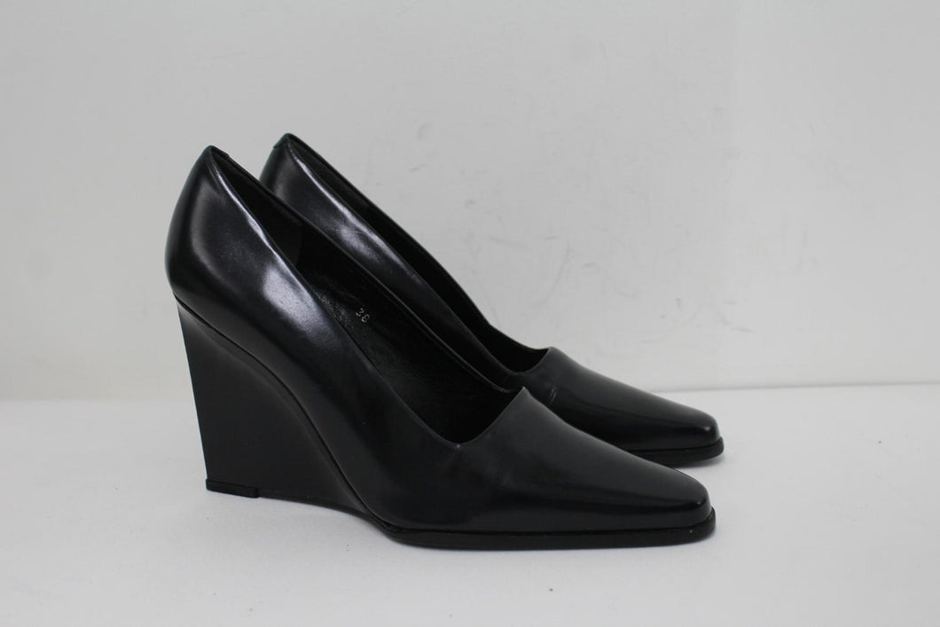 CALVIN KLEIN Ladies Black Smooth Leather High Wedge Heel Shoes EU38 UK5