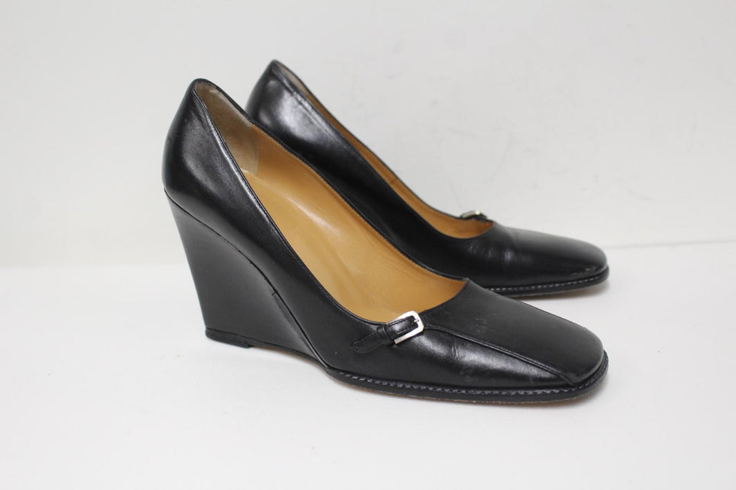 BALLY Ladies Black Leather Wedge Heel Square Toe Slip-On Shoes EU38.5 UK5.5