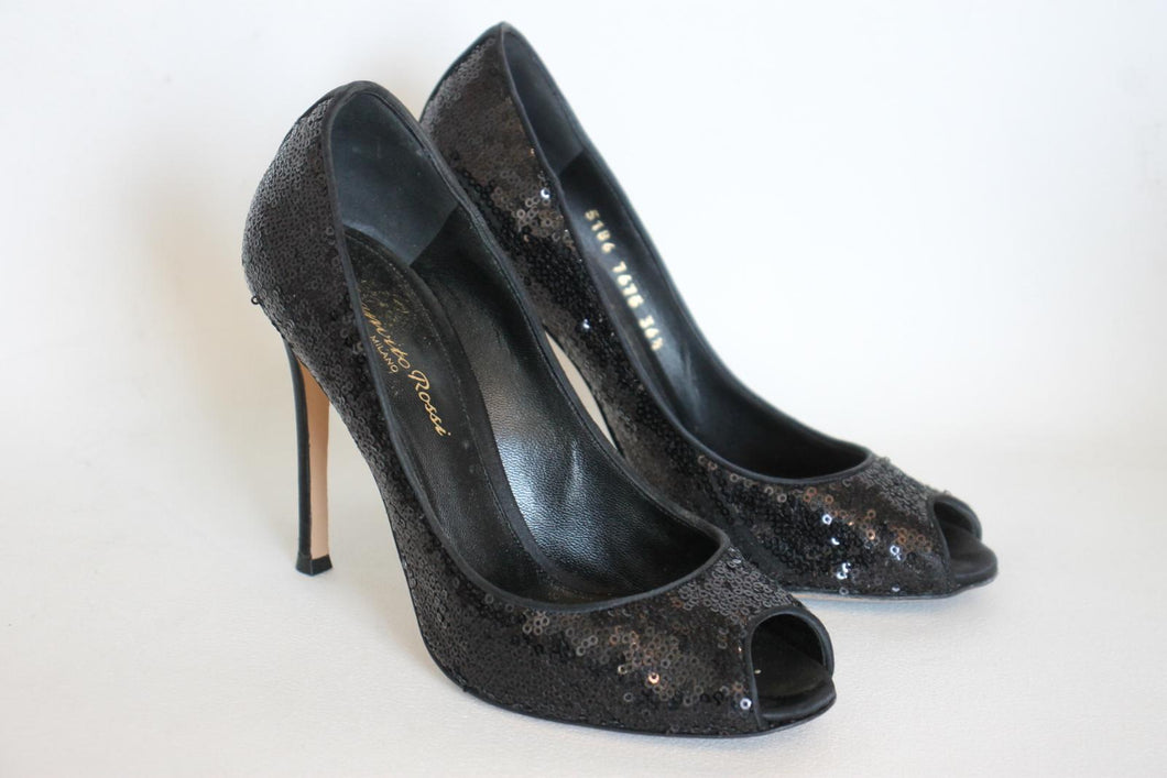 GIANVITO ROSSI Ladies Black Sequin High Heel Peep Toe Pumps Shoes UK3.5 EU36.5