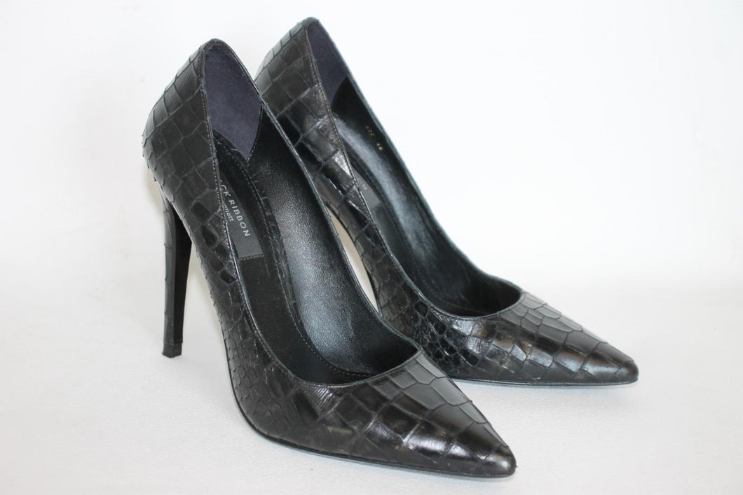L.K. BENNETT BLACK RIBBON Ladies Black Leather Extra High Pumps Shoes UK7 EU40