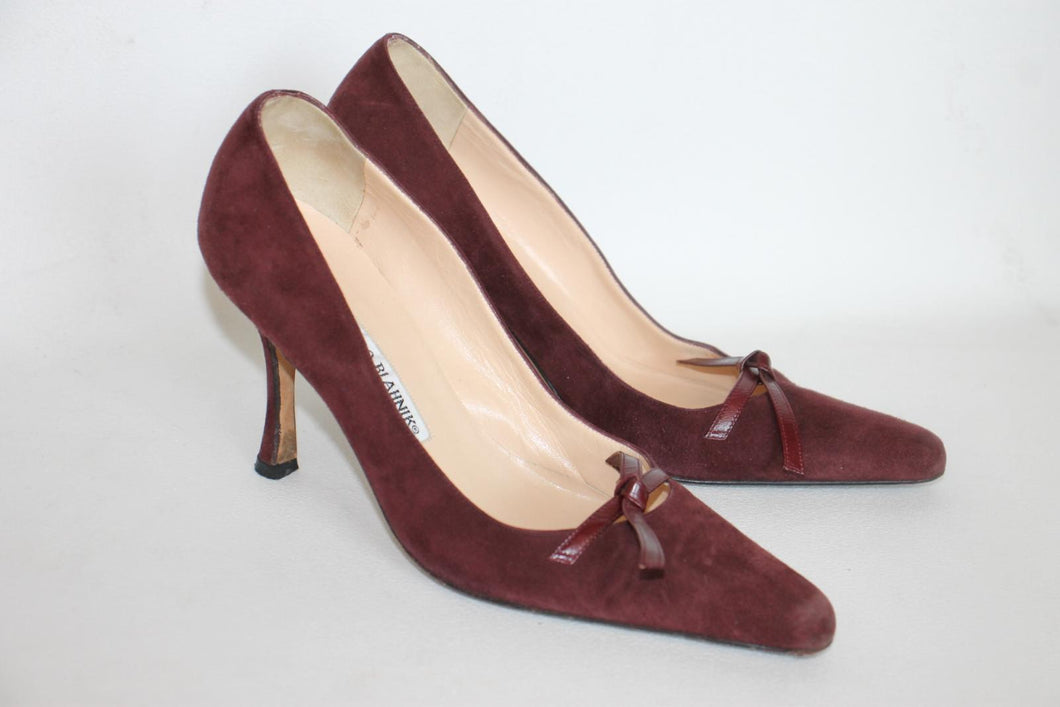 MANOLO BLAHNIK Ladies Burgundy Suede High Heel Bow Pumps Shoes UK4 EU37