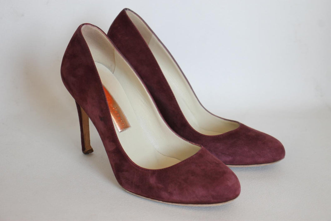 RUPERT SANDERSON Ladies Burgundy Suede Heeled Round Toe Pumps Shoes UK3.5 EU36.5