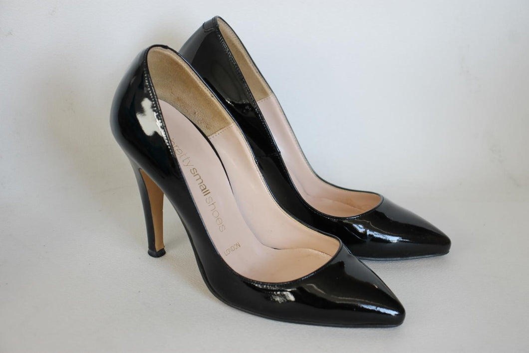 PRETTY SMALL SHOES Ladies Black Patent Cone Heel Pumps Shoes UK2 EU35