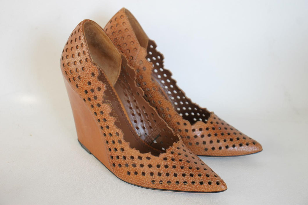 JEAN-MICHEL CAZABAT Ladies Brown Leather Wedge Heel Pumps Shoes UK5 EU38