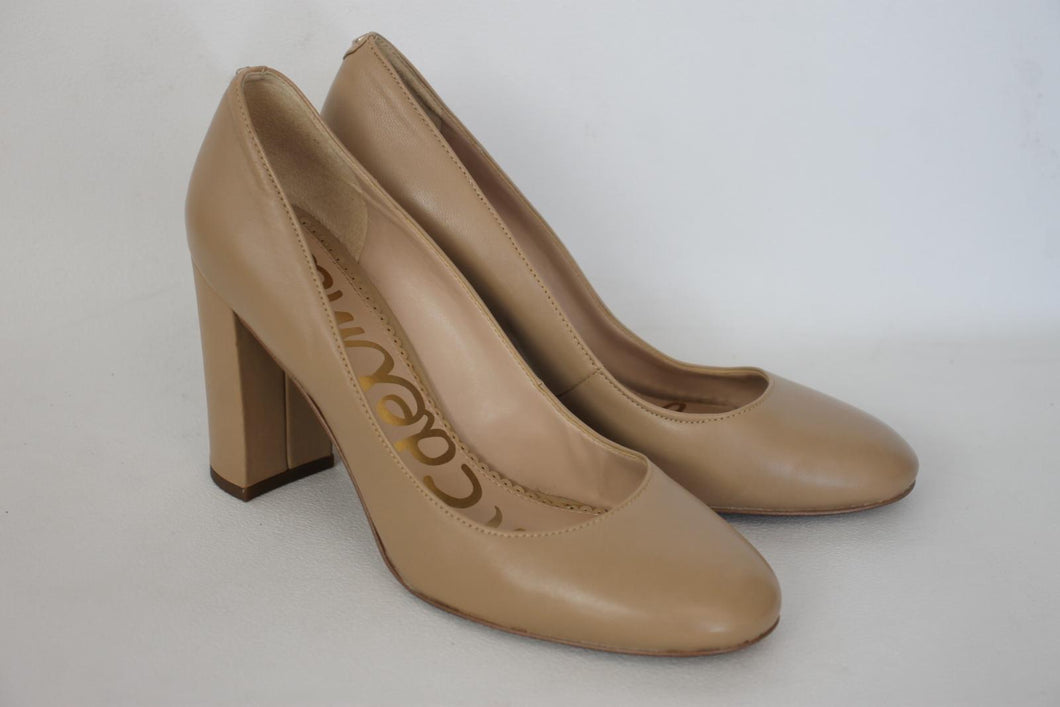 SAM EDELMAN Ladies Natural Leather Block Heel Round Toe Pumps Shoes UK5 EU38