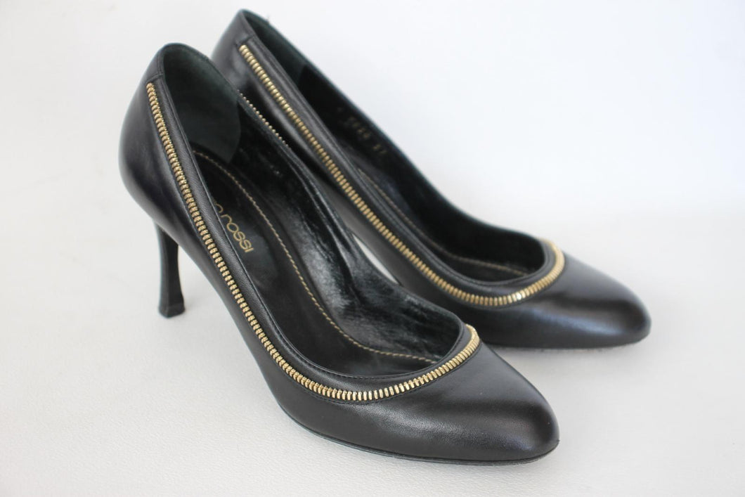 SERGIO ROSSI Ladies Black Leather Zip Detail High Heel Pumps Shoes UK4 EU37
