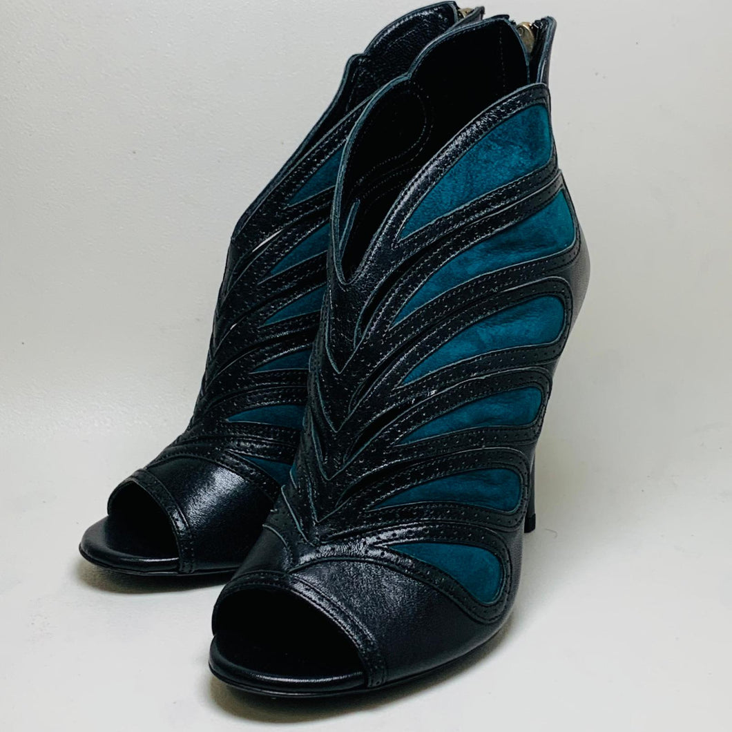 L.K.BENNETT Ladies Black-Ribbon Cyan Blue Leather Peep Hi-Heel Shoe UK4 NEW