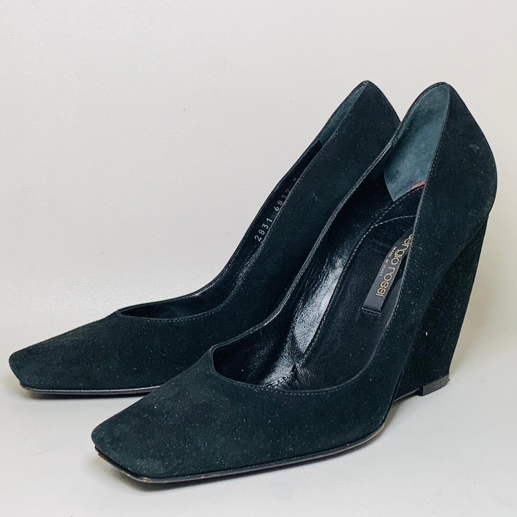 SERGIO ROSSI Square Toe Box High Heel Wedge Ladies Black Leather Shoe UK4