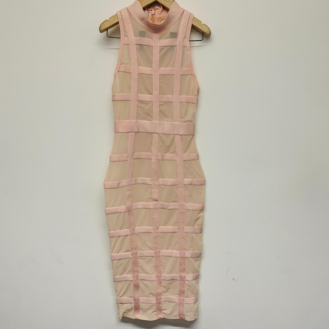 HOUSE OF CB Midi Length Sleeveless High Neck Stretch Pink Net Ladies Dress UKS