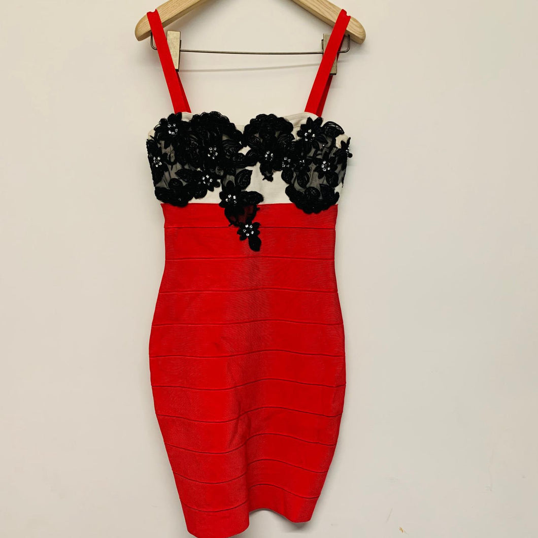 CELEB BOUTIQUE Short Length Sleeveless Halter Red Black Lace Ladies Dress UKS