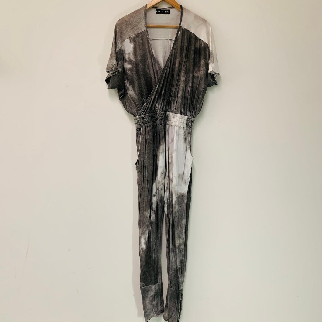 RELIGION Grey Ladies Short Sleeve V-Neck One-Piece Tie-dye Jumpsuit UK12