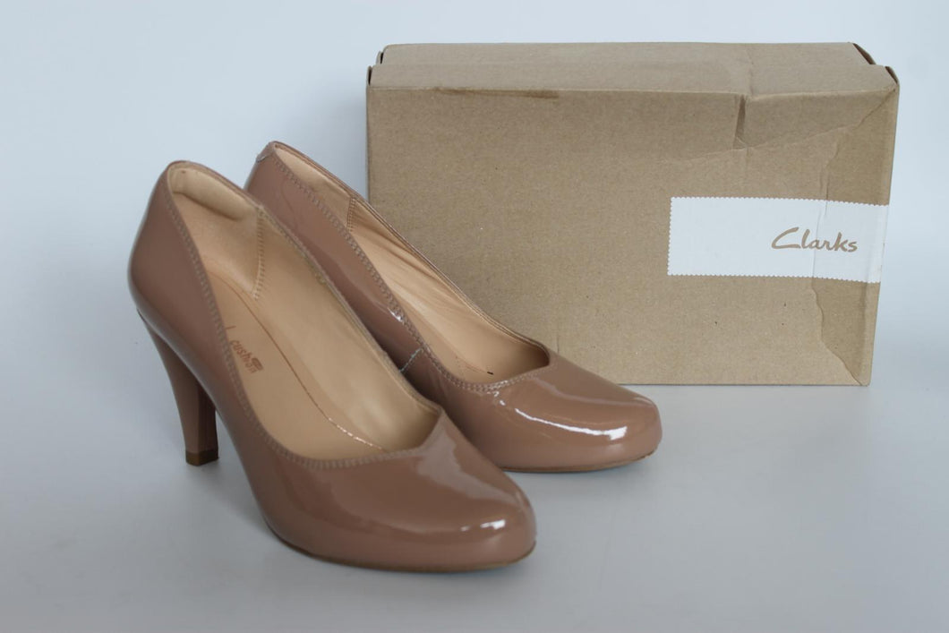 CLARKS Ladies Nude Patent Leather Dalia Rose High Cone Heel Shoes EU37 UK4