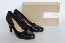 Load image into Gallery viewer, CLARKS Ladies Black Patent Leather Dalia Rose High Cone Heel Shoes EU37 UK4
