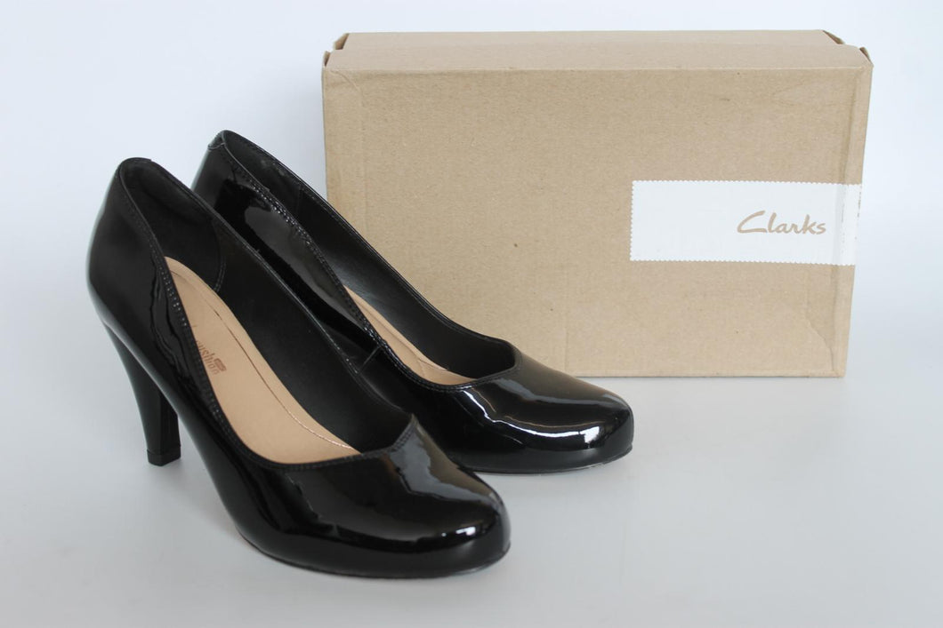 CLARKS Ladies Black Patent Leather Dalia Rose High Cone Heel Shoes EU37 UK4